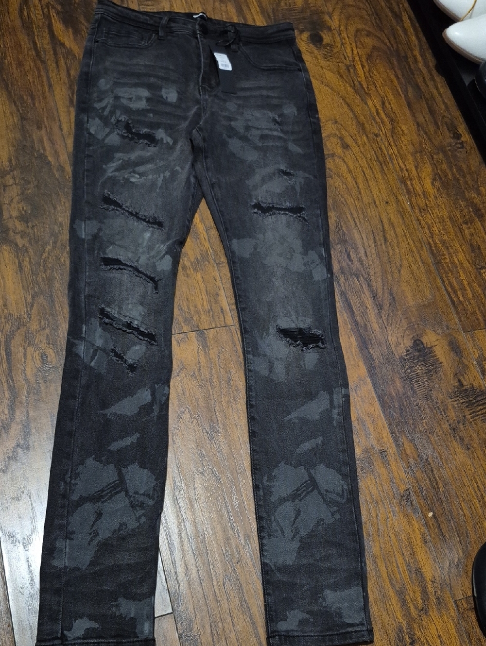 Men's Black Camo Skinny Jeans with Distressed Detail